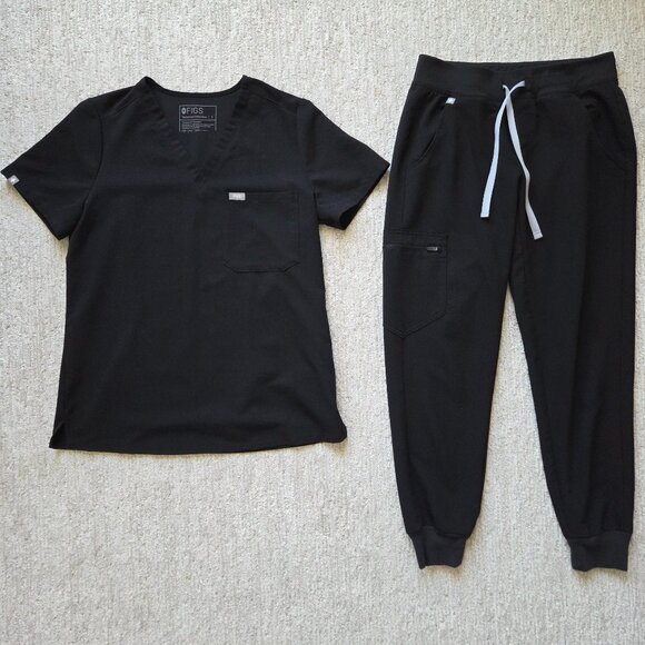 FIGS Scrub Set Black Catarina Top Small Zamora Jogger Pants Petite XS Women's - Picture 1 of 16
